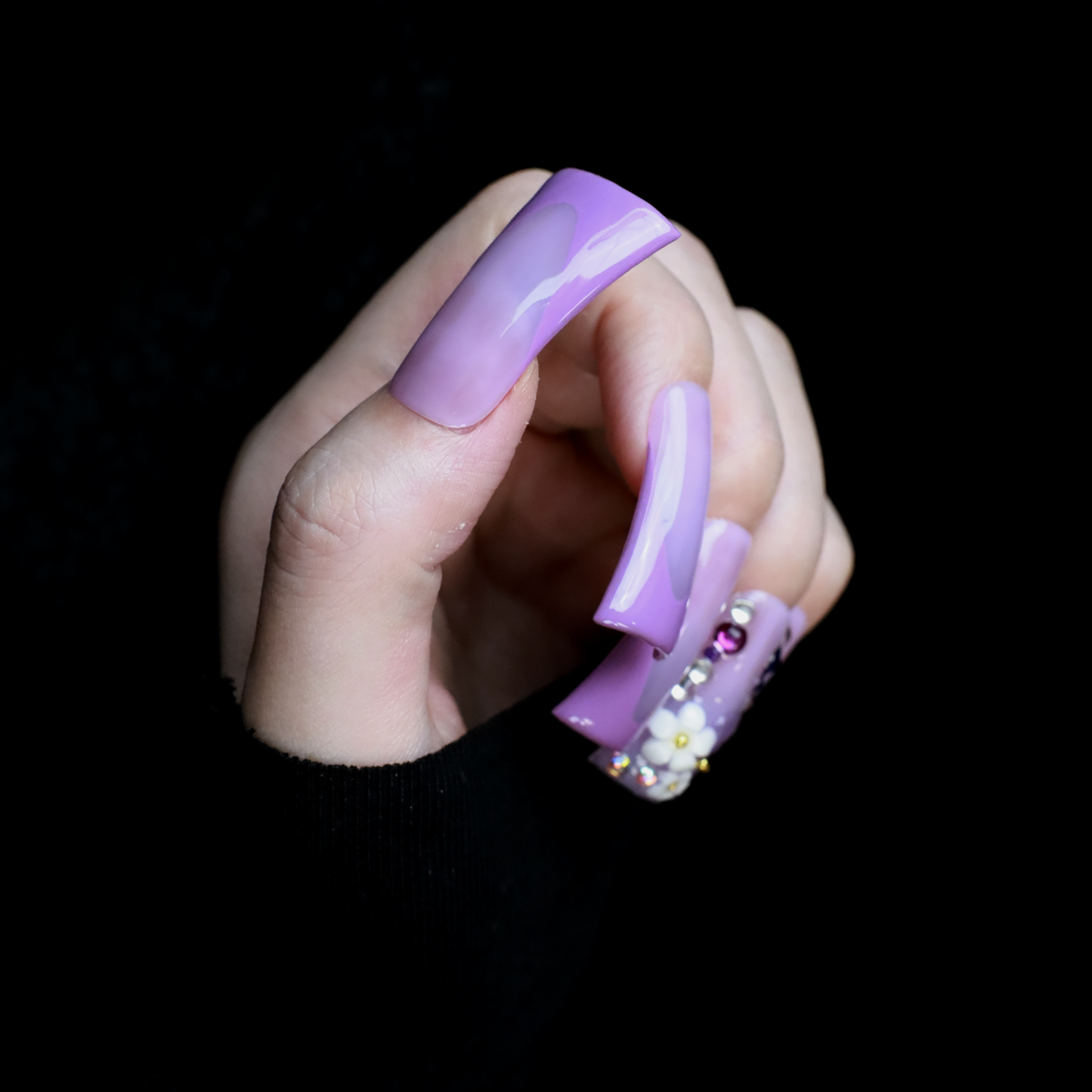 Purple Floral Long Duck Press-On Nails
