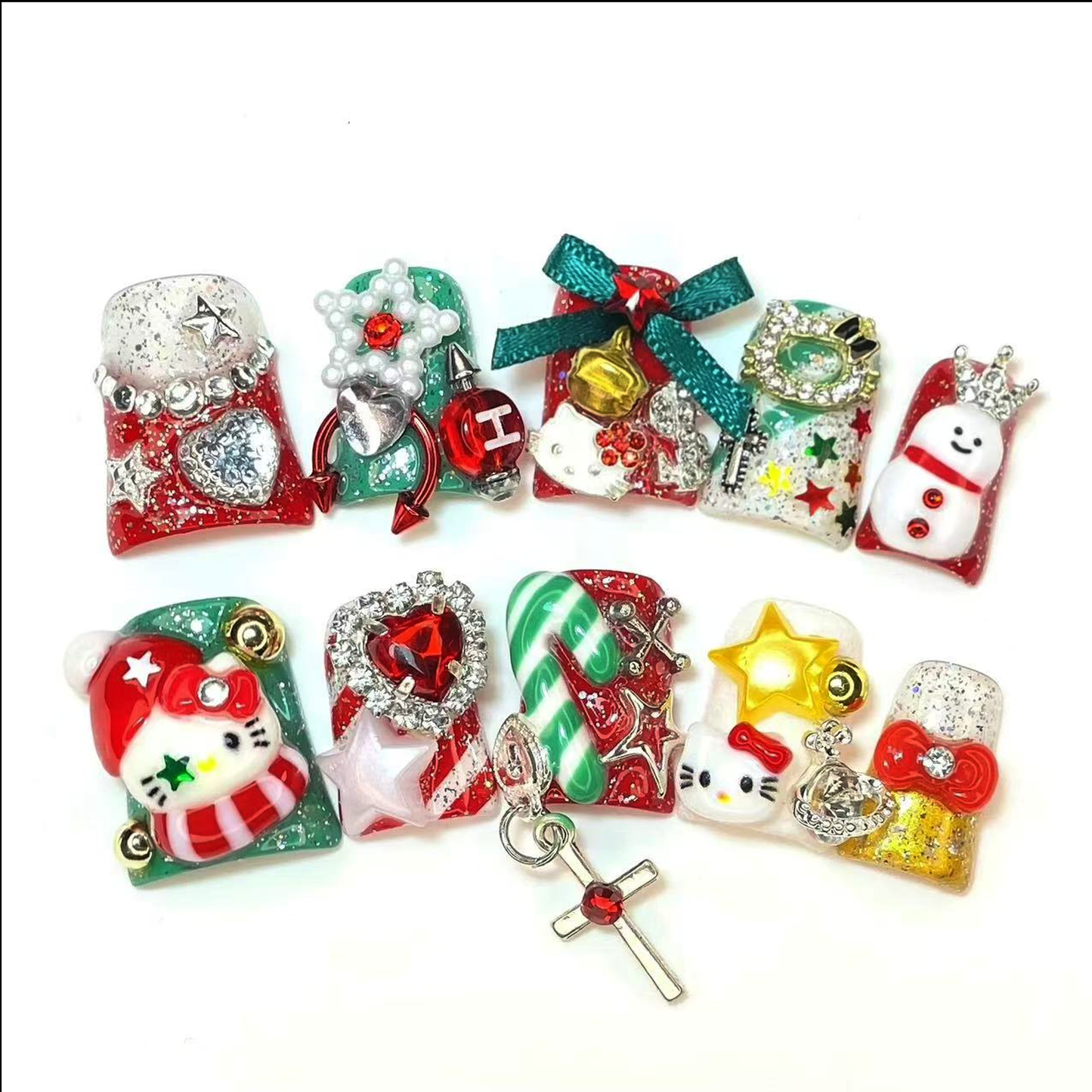 Embrace the season with We Do Nails Luxurious Christmas Short Duck Press-On Nails, featuring handmade 3D art of snowmen, Santa, and candy canes. Adorned with bows, stars, and a cross charm on a chic black background.