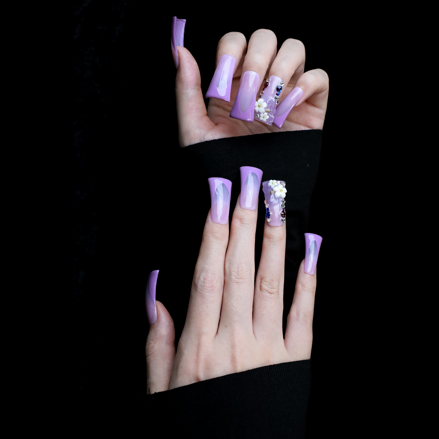 Purple Floral Long Duck Press-On Nails