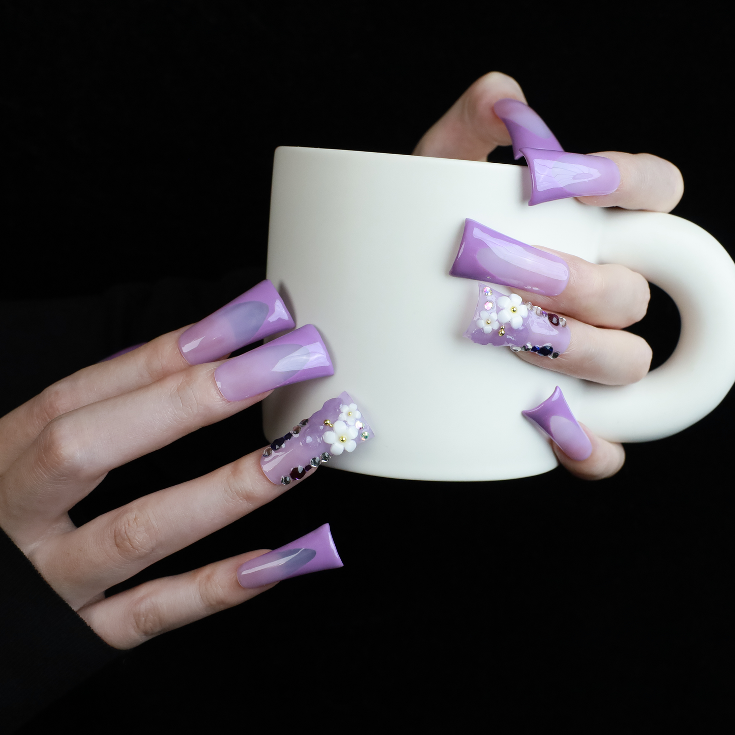 Purple Floral Long Duck Press-On Nails