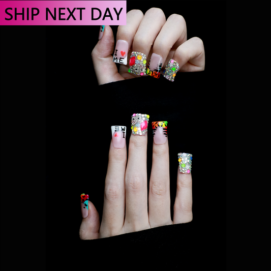 A pair of hands showcases long, decorated nails with Y2K-inspired art, including hearts and lettering. A pink banner reads SHIP NEXT DAY. The black backdrop highlights the vibrant leopard and tiger print accents on these striking Neon Safari Short Duck Press-On Nails by We Do Nails.