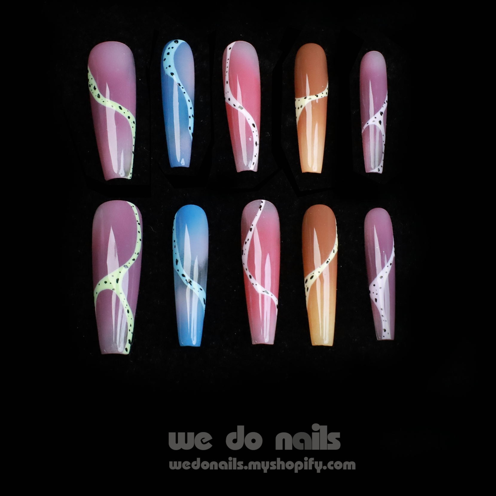 A hand adorned with Milky Rainbow Press-On Nails exhibits a smooth gradient and dotted 3D designs against a black background. The text We Do Nails appears alongside the website link, emphasizing the brands artistry.