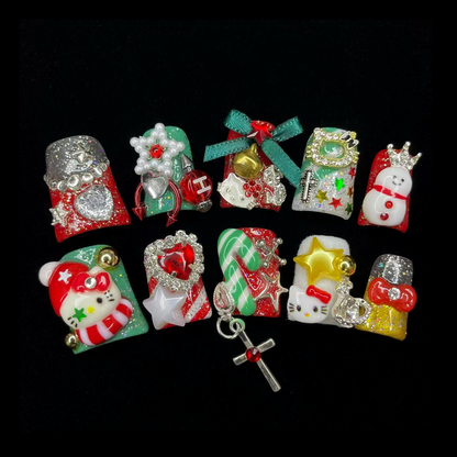 Embrace the season with We Do Nails Luxurious Christmas Short Duck Press-On Nails, featuring handmade 3D art of snowmen, Santa, and candy canes. Adorned with bows, stars, and a cross charm on a chic black background.