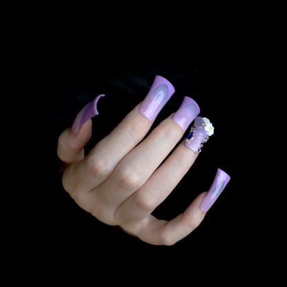 Purple Floral Long Duck Press-On Nails