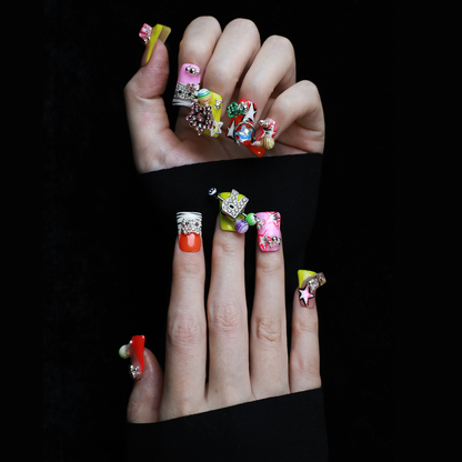 A hand with intricately decorated Neon Pop Star Short Duck Press-On Nails by We Do Nails clutches a large white mug. The duck-shaped neon nails showcase various designs, gems, and tiny figures. A pink banner in the top left corner reads SHIP NEXT DAY.