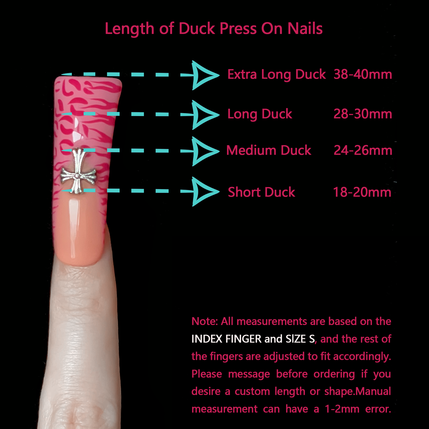 A pair of hands showcases long, decorated nails with Y2K-inspired art, including hearts and lettering. A pink banner reads SHIP NEXT DAY. The black backdrop highlights the vibrant leopard and tiger print accents on these striking Neon Safari Short Duck Press-On Nails by We Do Nails.