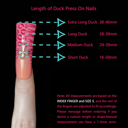 A pair of hands showcases long, decorated nails with Y2K-inspired art, including hearts and lettering. A pink banner reads SHIP NEXT DAY. The black backdrop highlights the vibrant leopard and tiger print accents on these striking Neon Safari Short Duck Press-On Nails by We Do Nails.