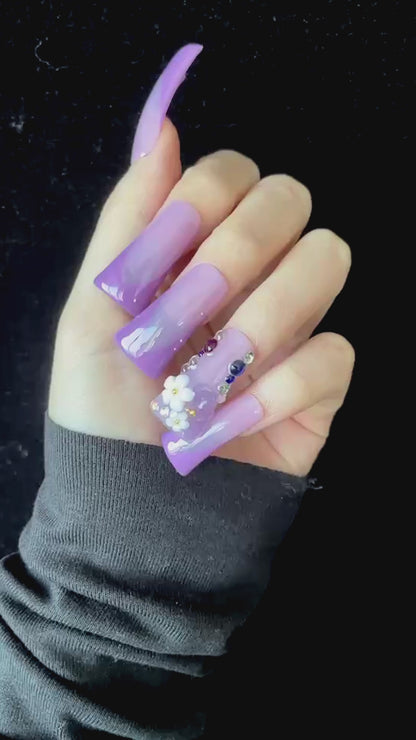 Purple Floral Long Duck Press-On Nails